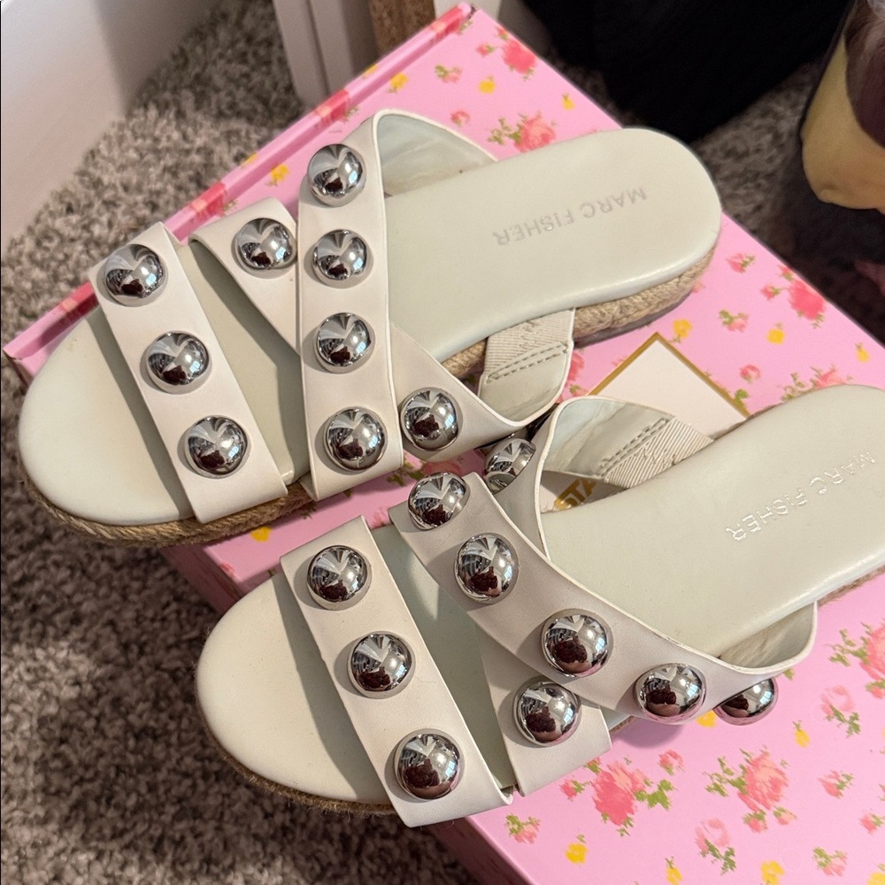 Marc Fisher Cream Sandals with Silver Studs